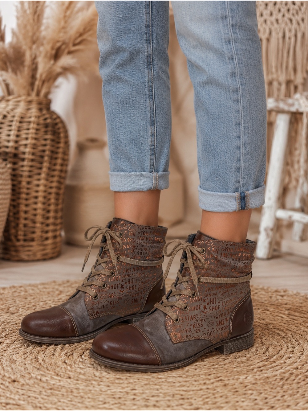 Rieker Brown Text-Print Lace-Up Ankle Boots Boho Aesthetic